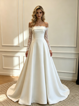 White Satin Lace Long Sleeve Wedding Dress