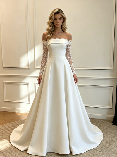 White Satin Lace Long Sleeve Wedding Dress