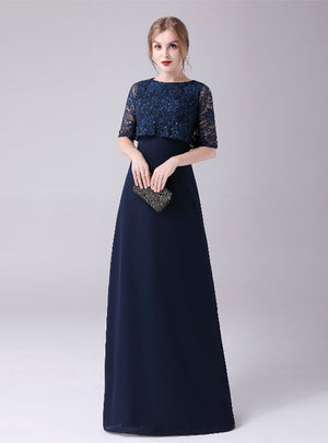 Navy Blue Chiffon Lace Mother Of The Bride Dress