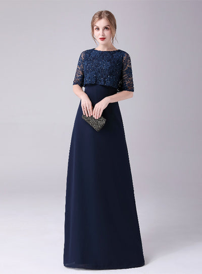 Navy Blue Chiffon Lace Mother Of The Bride Dress