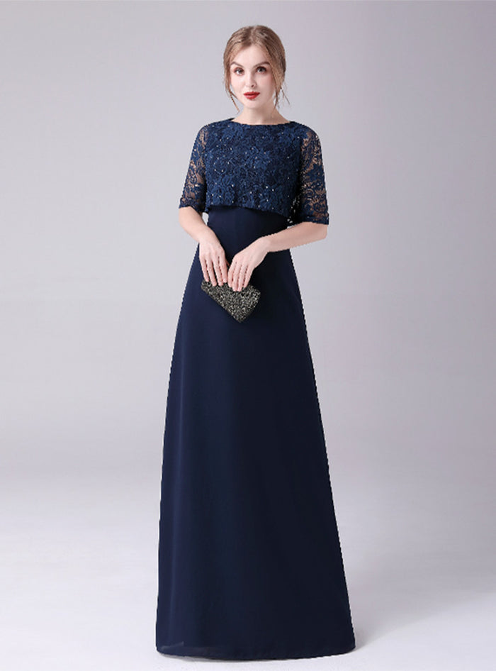 Navy Blue Chiffon Lace Mother Of The Bride Dress