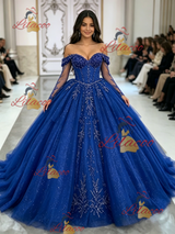 Blue Tulle Long Sleeve Beading Quinceanera Dress