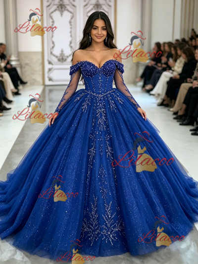 Blue Tulle Long Sleeve Beading Quinceanera Dress