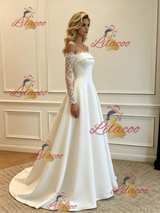 White Satin Lace Long Sleeve Wedding Dress