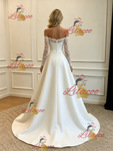 White Satin Lace Long Sleeve Wedding Dress