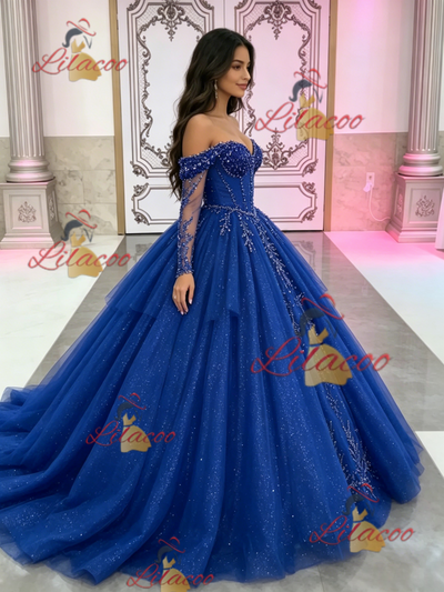 Blue Tulle Long Sleeve Beading Quinceanera Dress