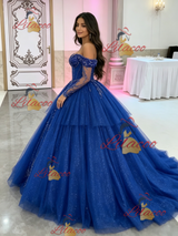 Blue Tulle Long Sleeve Beading Quinceanera Dress
