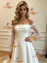 White Satin Lace Long Sleeve Wedding Dress
