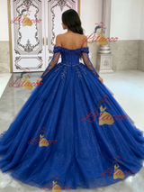 Blue Tulle Long Sleeve Beading Quinceanera Dress