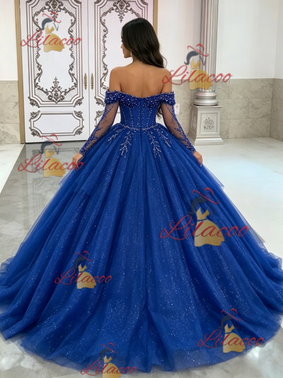 Blue Tulle Long Sleeve Beading Quinceanera Dress