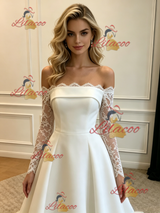 White Satin Lace Long Sleeve Wedding Dress