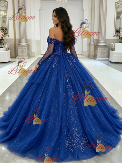 Blue Tulle Long Sleeve Beading Quinceanera Dress