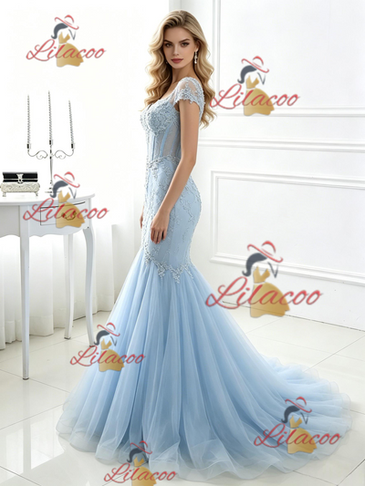 Blue Mermaid Tulle Lace Prom Dress
