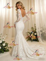 Beige Wite Mermaid Lace Long Sleeve Wedding Dress