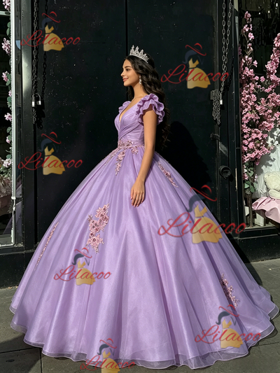Purple Tulle V-neck Appliques Quinceanera Dress