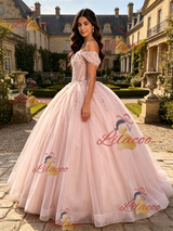 Pink Tulle Off the Shoulder Appliques Quinceanera Dress