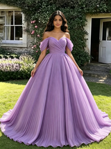 Purple Tulle Off the Shoulder Pleats Quinceanera Dress