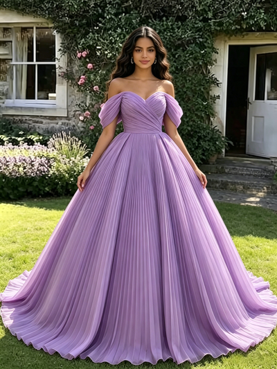 Purple Tulle Off the Shoulder Pleats Quinceanera Dress
