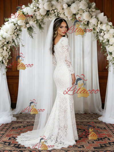 White Mermaid Lace V-neck Long Sleeve Wedding Dress