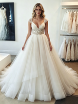 White Tulle V-neck Straps Beading Wedding Dress