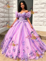 Purple Tulle Off the Shoulde 3D Flower Quinceanera Dress