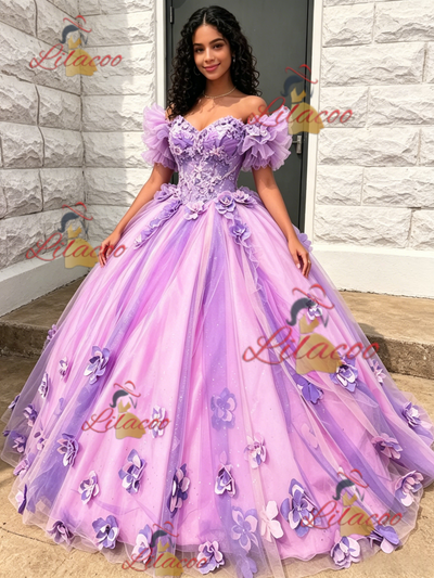 Purple Tulle Off the Shoulde 3D Flower Quinceanera Dress