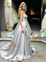 Silver Satin Strapless Pleats Prom Dress