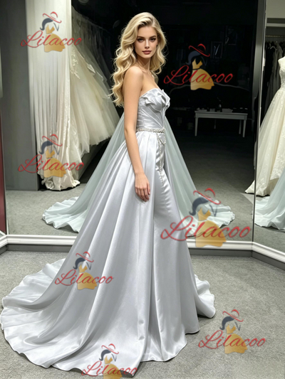 Silver Satin Strapless Pleats Prom Dress