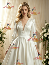 Ivory Satin Long Sleeve Backless Lace Wedding Dress