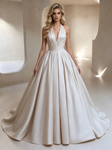 Ivory Satin V-neck Pleats Wedding Dress