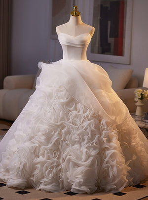White Ball Gown Tulle Strapless Wedding Dress