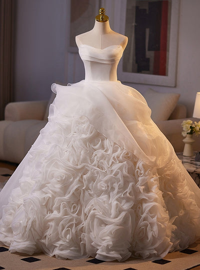 White Ball Gown Tulle Strapless Wedding Dress