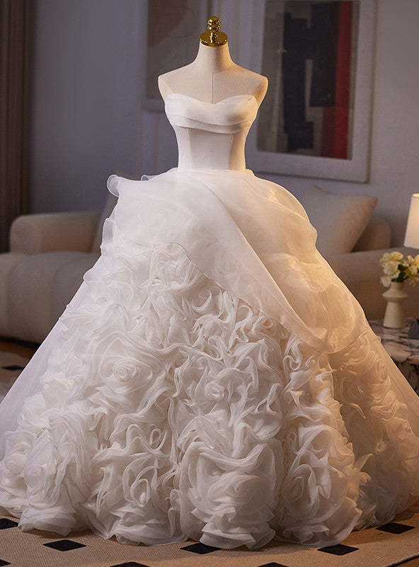 White Ball Gown Tulle Strapless Wedding Dress
