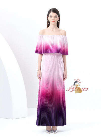 Gradient Pleats Off the Shoulder Long Dress