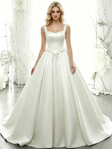 White Satin Straps Flower Wedding Dress
