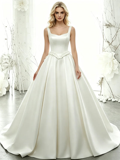 White Satin Straps Flower Wedding Dress