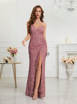 Pink Sequins V-neck Pleats Prom Dress