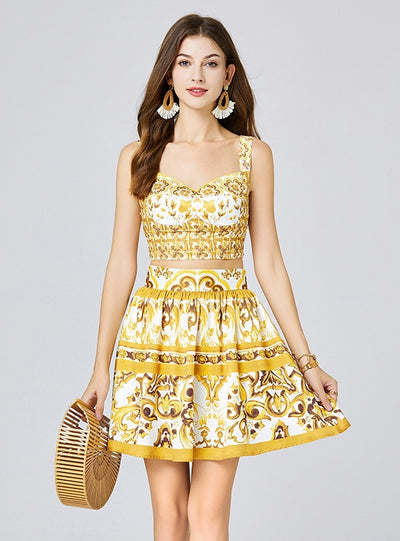 Porcelain Printed Suspender Vest+Skirt Two-piece Suit