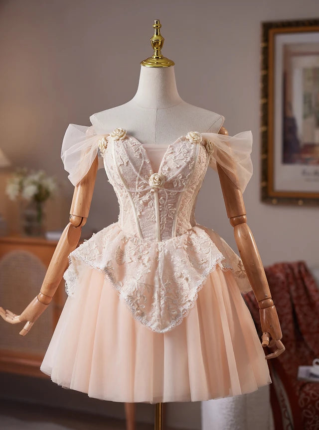 Champagne Tulle Off the Shoulder Flower Homecoming Dress