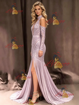 Purple Mermaid Sequins Long Sleeve Prom Dress