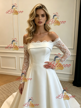 White Satin Lace Long Sleeve Wedding Dress