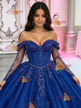 Blue Tulle Long Sleeve Beading Quinceanera Dress