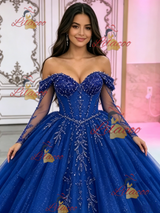 Blue Tulle Long Sleeve Beading Quinceanera Dress