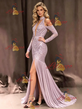 Purple Mermaid Sequins Long Sleeve Prom Dress