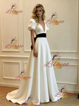 White Satin V-neck Puff Sleeve Wedding Dress