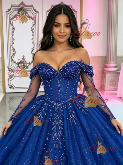 Blue Tulle Long Sleeve Beading Quinceanera Dress
