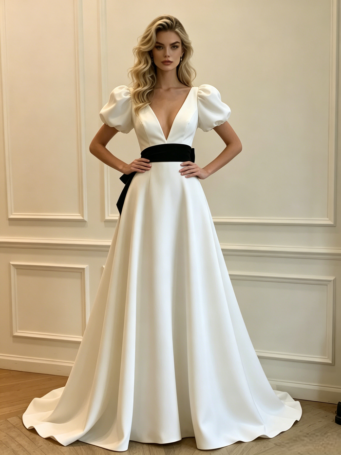 White Satin V-neck Puff Sleeve Wedding Dress