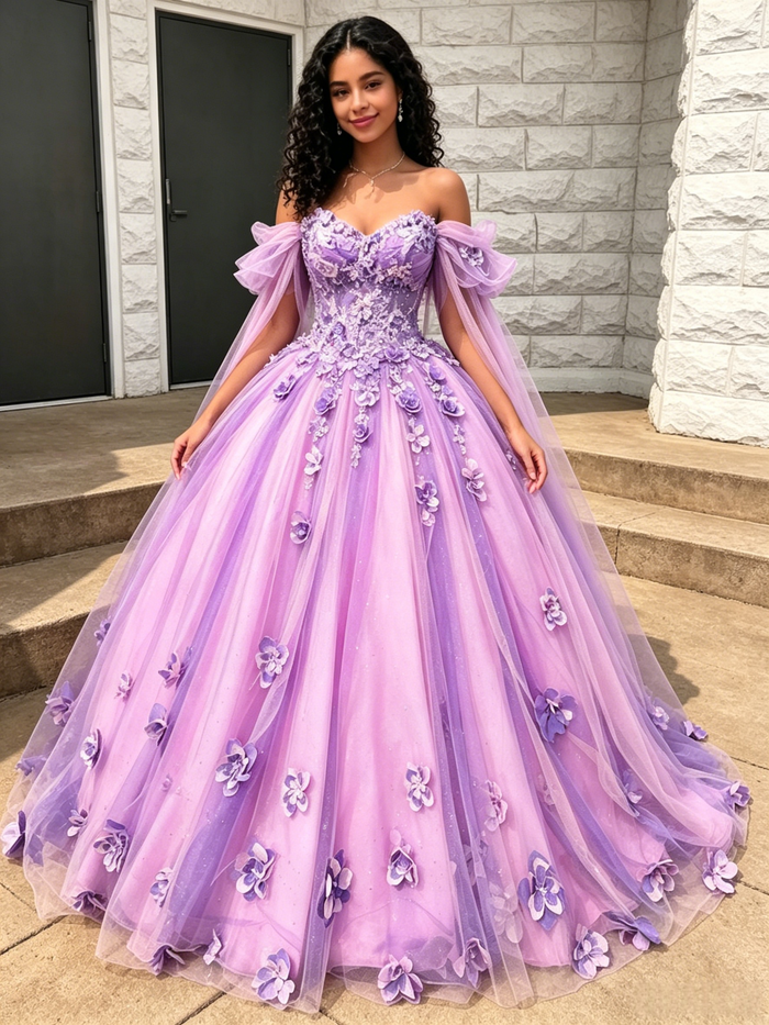 Purple Tulle Off the Shoulder 3D Flower Quinceanera Dress