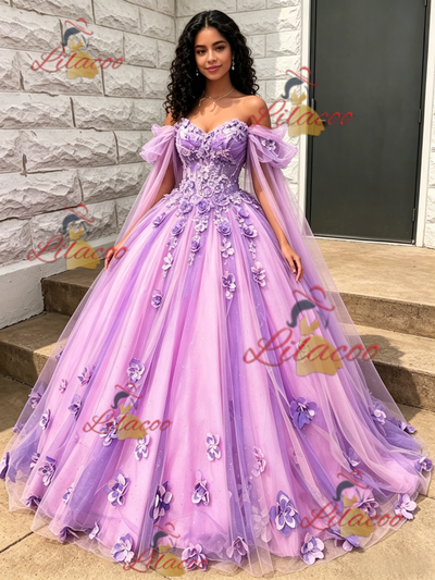 Purple Tulle Off the Shoulder 3D Flower Quinceanera Dress