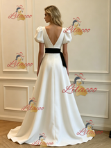 White Satin V-neck Puff Sleeve Wedding Dress